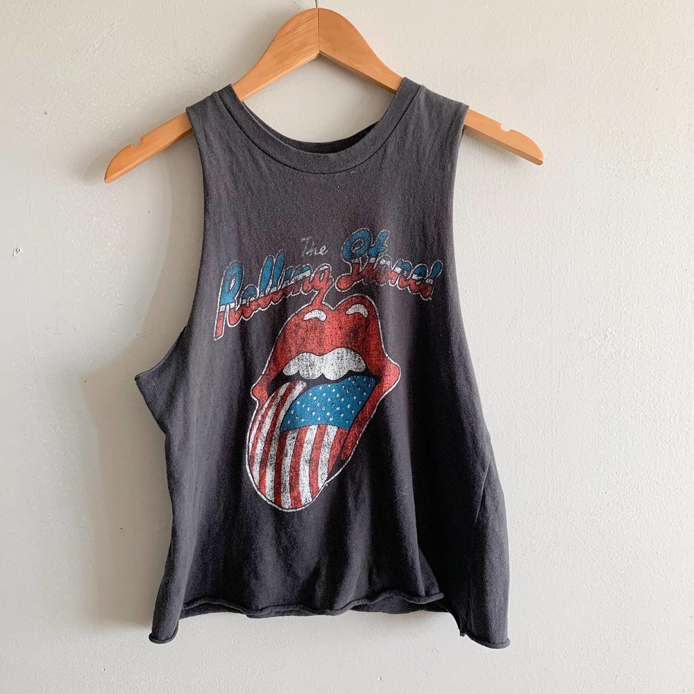 the Rolling Stones Black Tank Top with Red, White & Blue Tongue Graphic